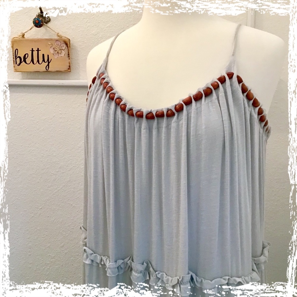 Blue ruffle wood bead midi dress